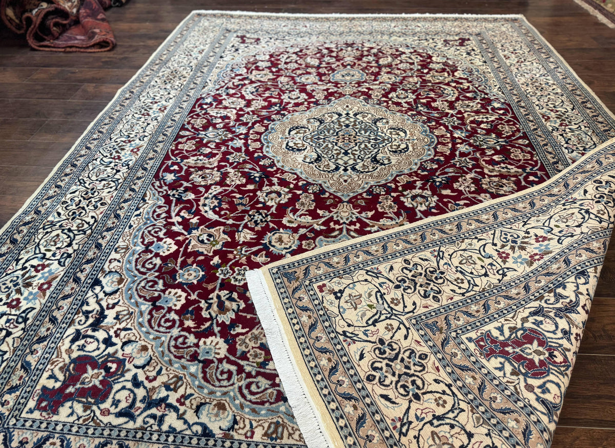 Persian Nain Rug 8x11, Wool and Silk Highlights, Burgundy & Ivory - Jewel Rugs, view 12