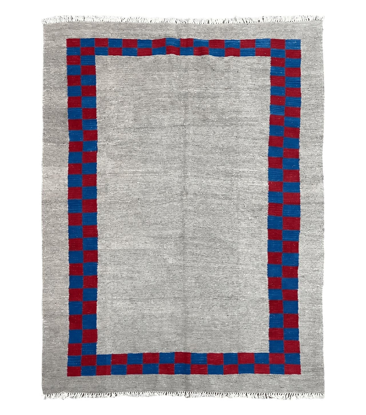 Gray Turkish Kilim Carpet 5' 7" x 7' 7", Medium Kilim Rug, Hand-Knotted, Blue & Red Border, Minimalistic Design, Geometric, Wool, New - Jewel Rugs