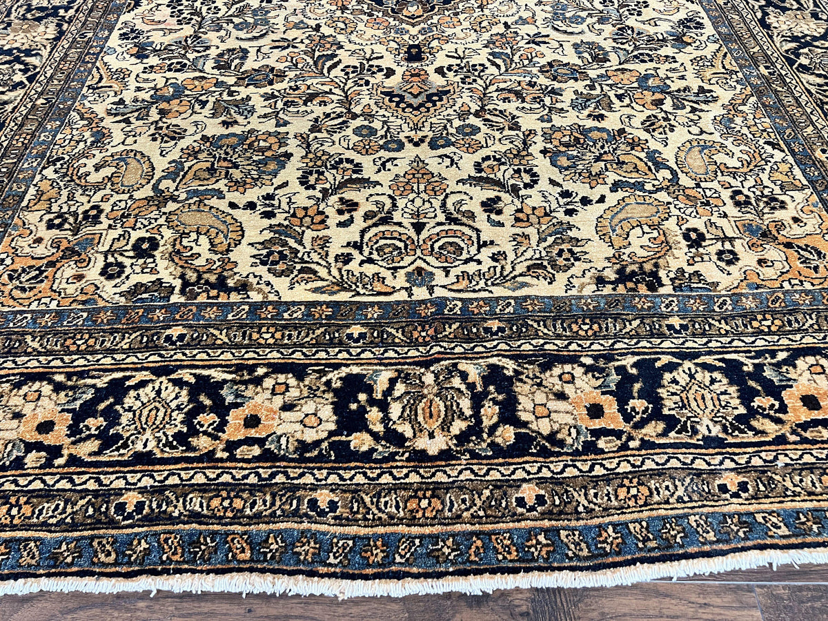 Antique Persian Rug 9x11, Wool Handmade 1920s Oriental Carpet, Persian Hamadan Anjelas Rug, Cream Black, Floral Allover Oriental Rug 9 x 11 Room Sized Rug - Jewel Rugs, view 6
