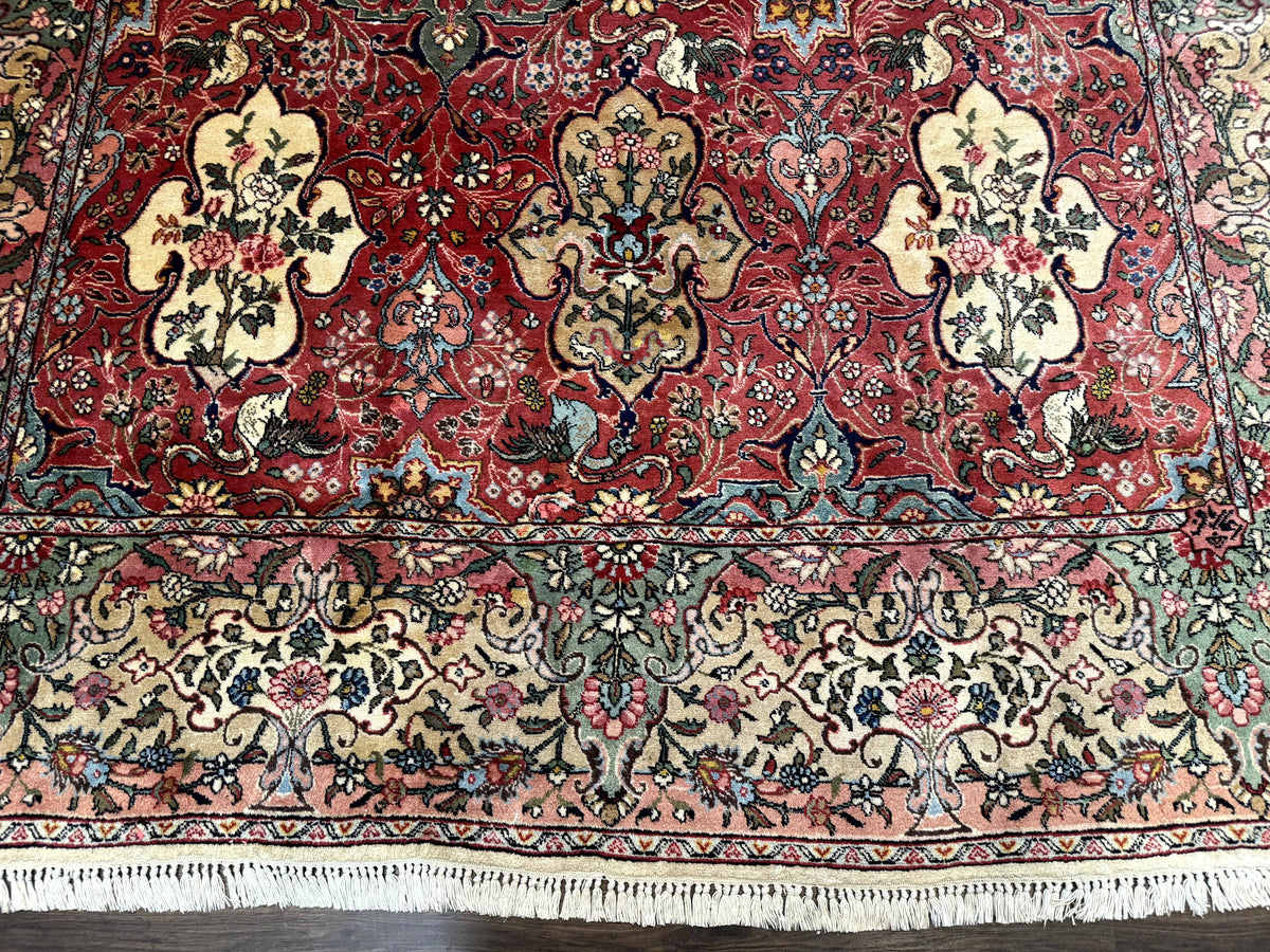 Antique Tabriz Persian Rug 7x10, Red Cream Tan, Unique Design, Fine 270 KPSI, Birds, Floral - Jewel Rugs, view 5