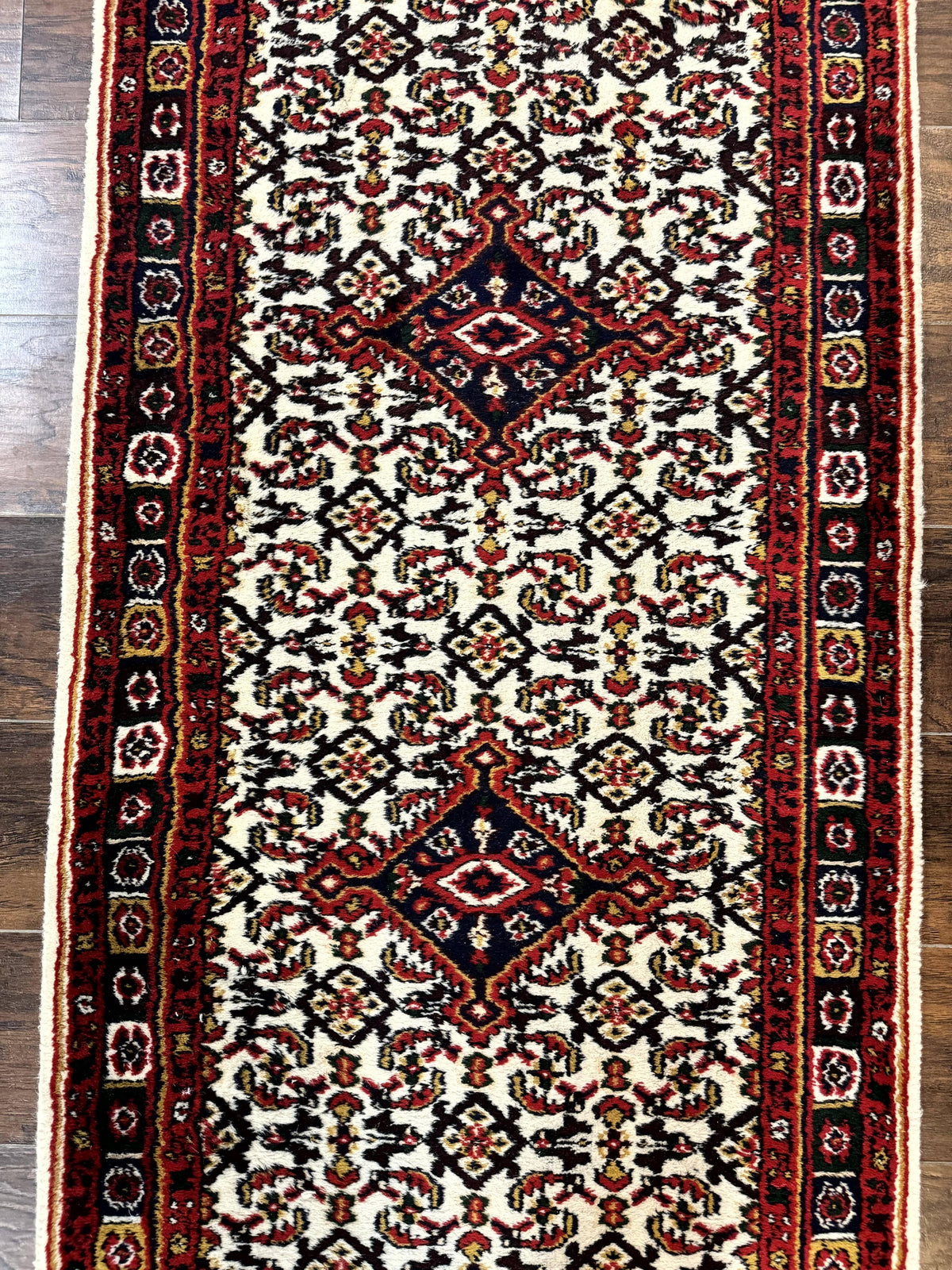 Indo Persian Bidjar Runner Rug 2.8 x 10, Vintage Rug for Hallway, 10ft Runner, Wool Handmade Ivory and Red, Medallions - Jewel Rugs, view 5