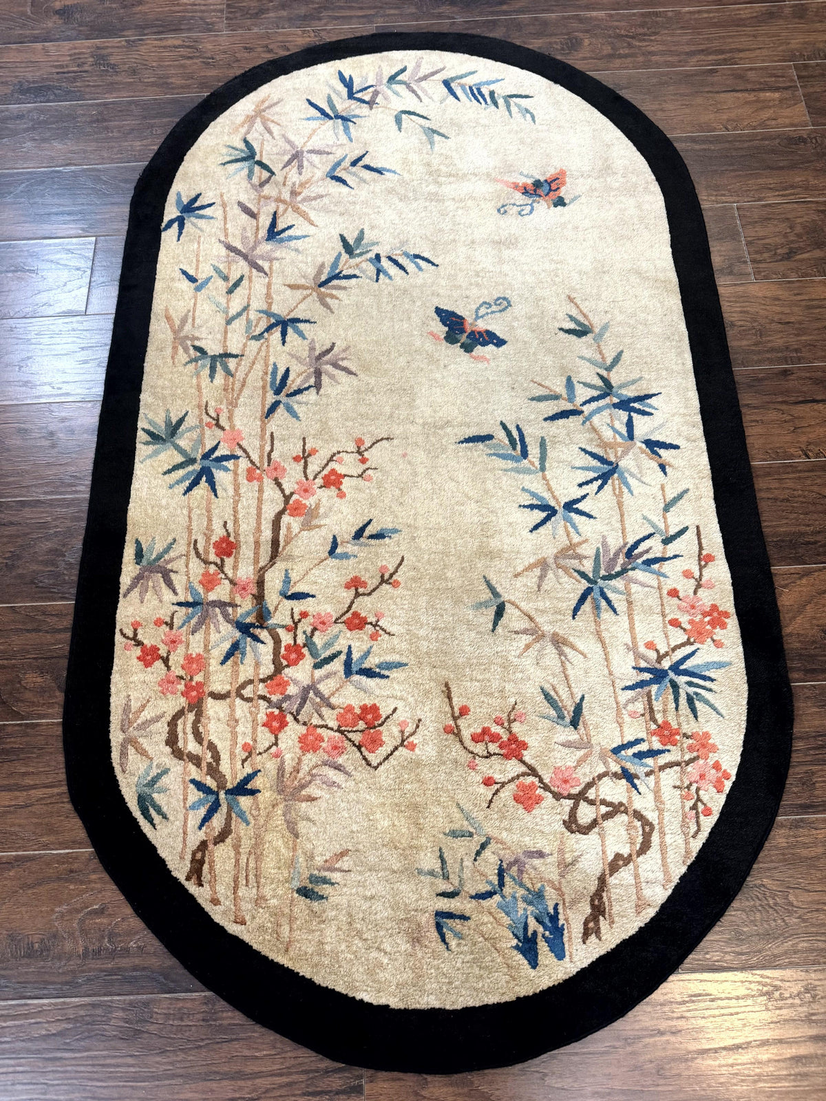 Antique Chinese Oval Rug 3.9 x 6.7, Floral, Butterflies, Chinese Wool Art Deco Peking Carpet, Beige, Handmade - Jewel Rugs, view 2