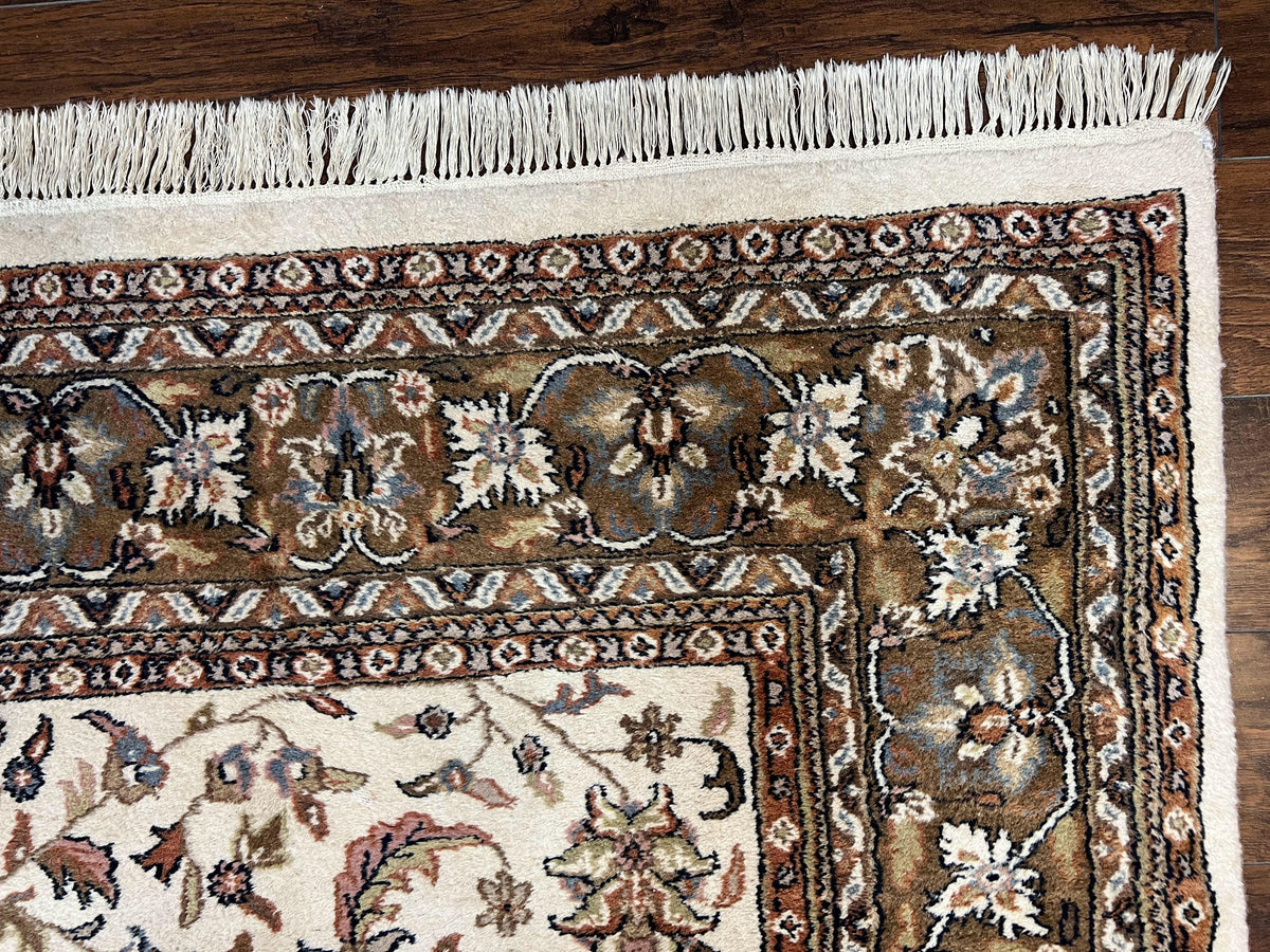 Indo Kirman Rug 8x12 Allover Floral Design, Ivory/Cream Brown, Vintage Handmade Hand Knotted Rug, Traditional Wool Persian Carpet 8 x 12 - Jewel Rugs, view 8