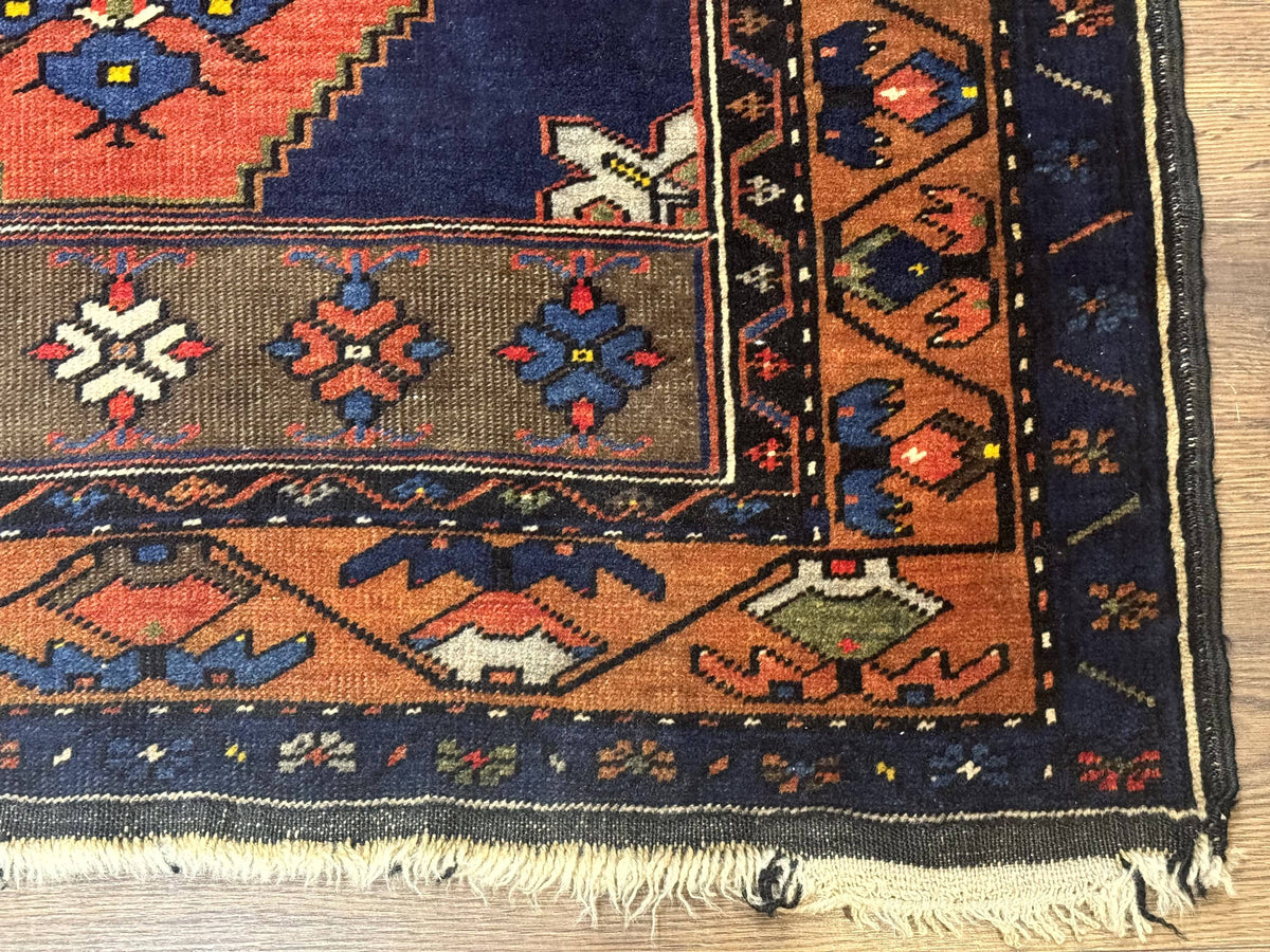 Persian Rug 3x6, Geometric Medallion, Village Tribal Rug, Terracotta and Navy Blue, Antique Nahavand Hamadan Rug - Jewel Rugs, view 10