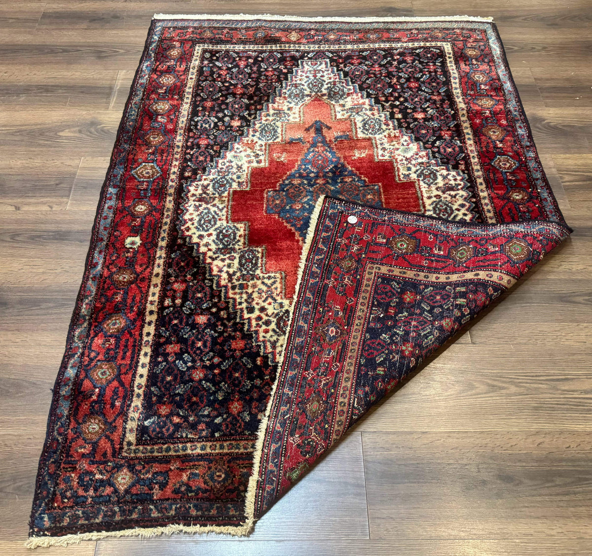 Antique Persian Kurdish Senneh Rug 4x5 Tribal Carpet Wool Geometric Medallion - Jewel Rugs, view 12