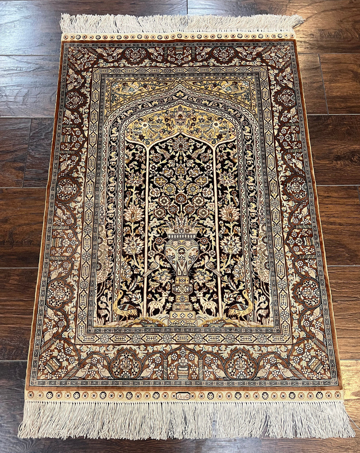 Turkish Silk Hereke Rug 2x3, Floral Vase Tree of Life Birds, Silk Pile on Silk Foundation, Vintage Oriental Carpet, Very Fine, Signature - Jewel Rugs, view 2
