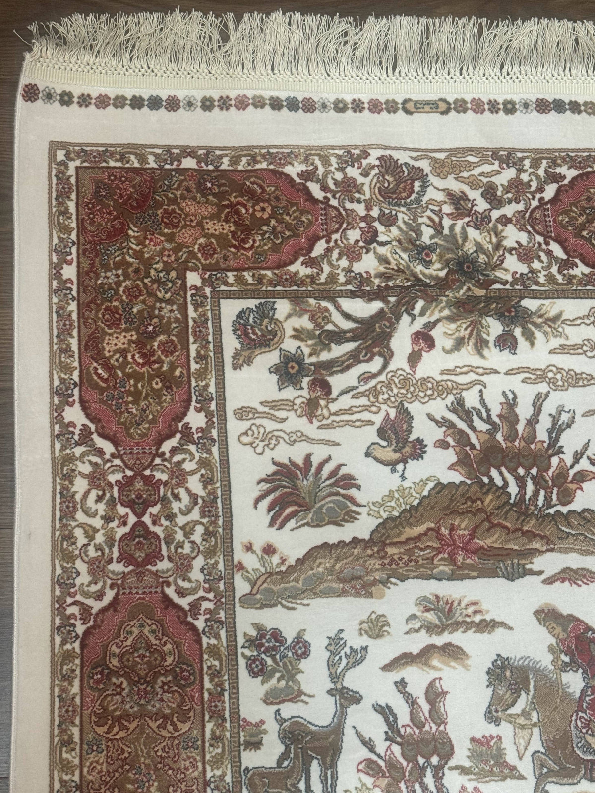 Long Turkish Silk Runner Rug 2.6 x 16.5, Hunting Design, Ivory, Bamboo Silk, New - Jewel Rugs, view 5
