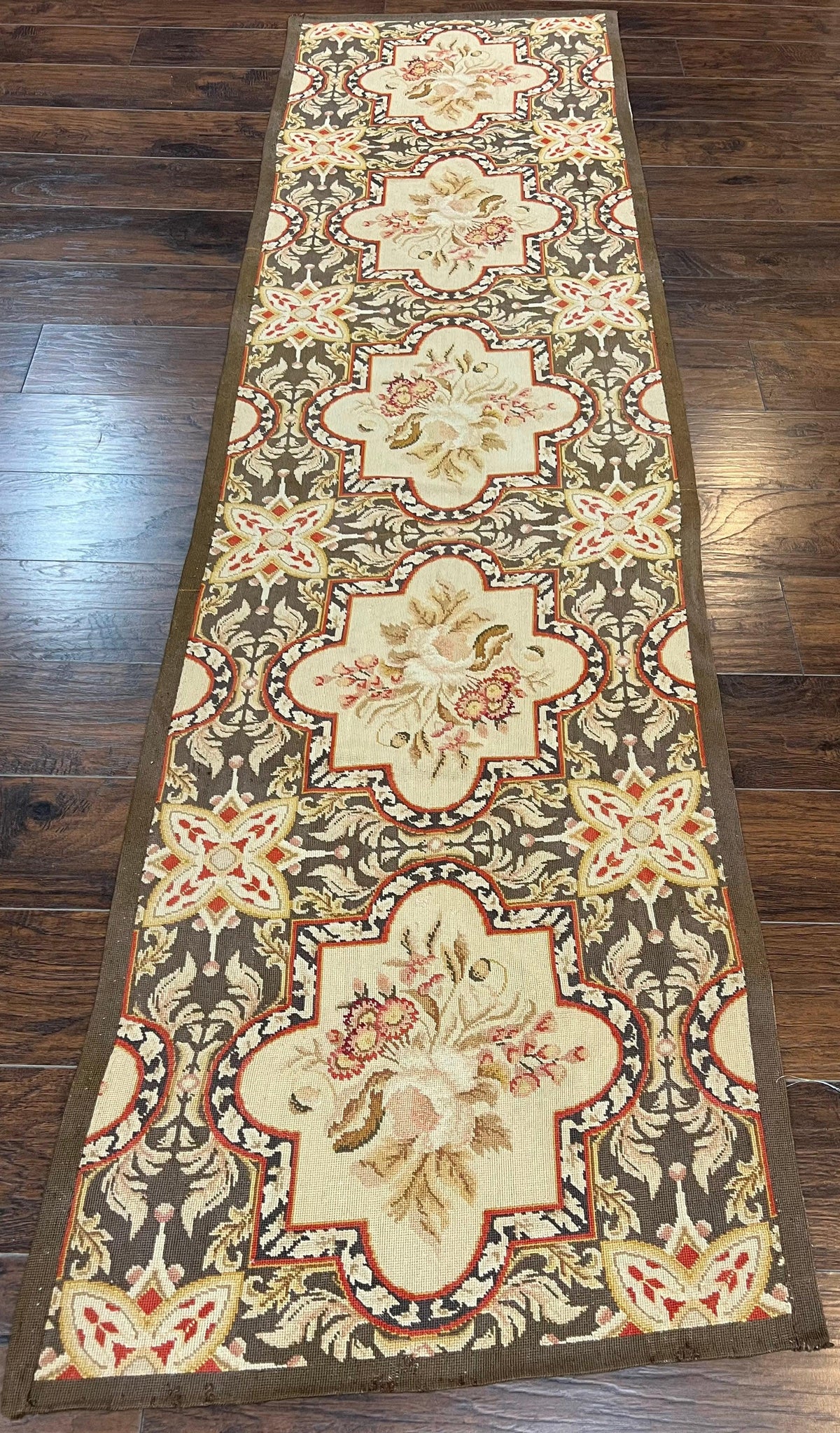 Needlepoint Runner Rug 2.8 x 9.8, Brown and Beige, Handwoven Handmade Floral French European Design, Vintage Flatweave 10ft Wool Runner Rug - Jewel Rugs, view 2