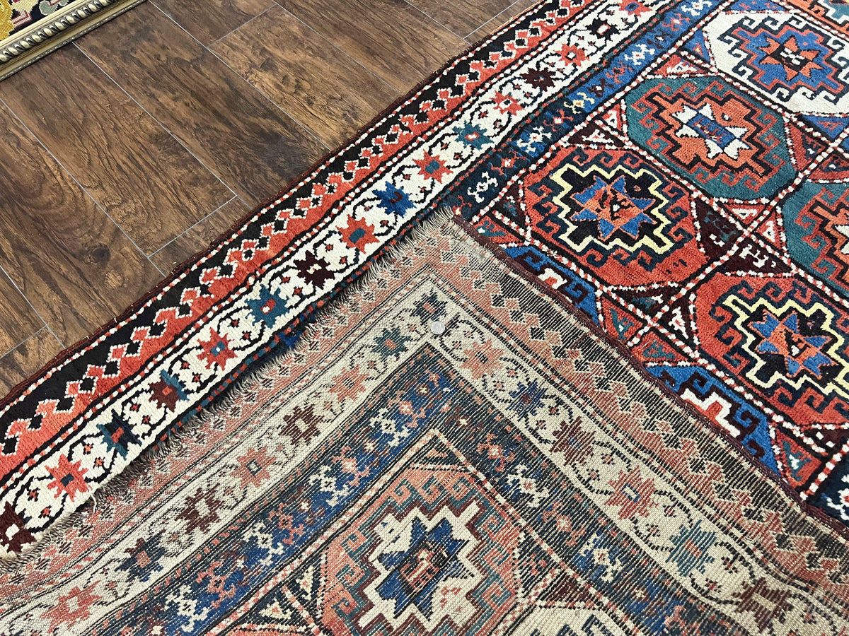 Antique Caucasian Kazak Runner Rug 4 x 9.5, Handmade Wool Rug for Hallway, Rare Colorful Panel Design Mid 19th Century 1870s Oriental Carpet - Jewel Rugs, view 11