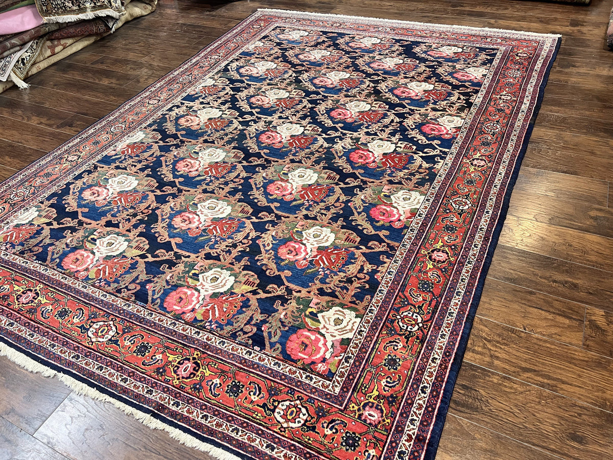 Persian Bidjar Rug 8x11, Floral Bouquets, Blue Black Red Pink, Handmade Hand Knotted Vintage Semi Antique Oriental Carpet - Jewel Rugs, view 13