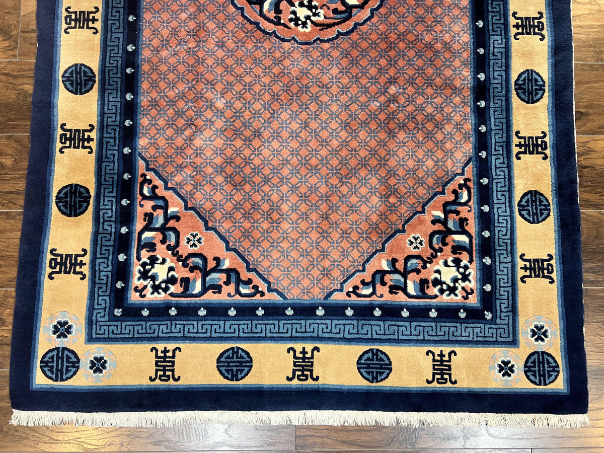 Chinese Peking Rug 5x8, Vintage Semi Antique Chinese Art Deco Carpet, Wool Pile Light Red/Salmon Gold Navy Blue, Handmade Asian Oriental Rug - Jewel Rugs, view 6