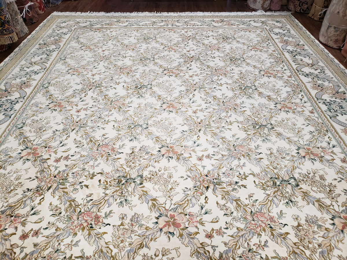 Pak Persian Floral Rug 11 x 12.6, Ivory, Very Fine, Hand Knotted - Jewel Rugs, view 2
