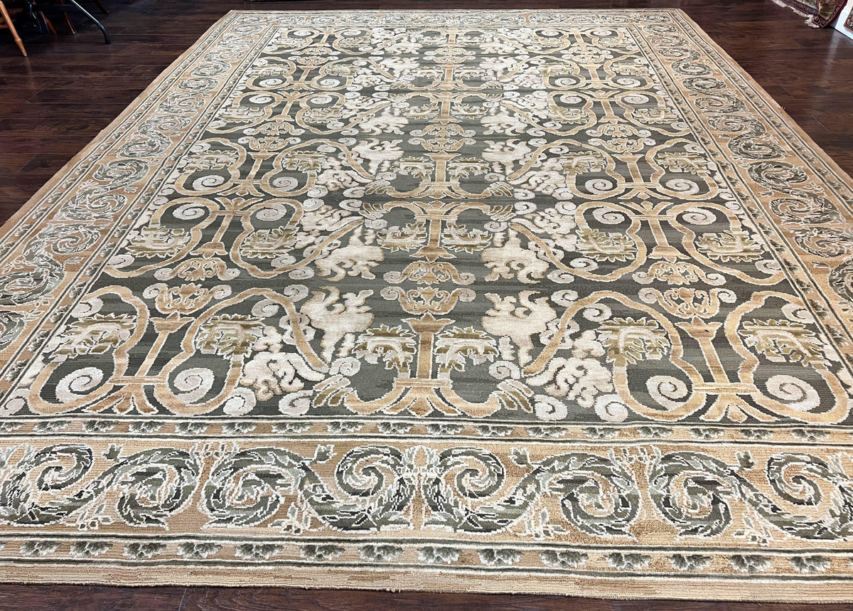 Spanish Rug 11x14, Wool Hand Knotted Vintage Carpet, Olive Green and Beige, Floral Allover, European Design, 11 x 14 Rug - Jewel Rugs, view 2