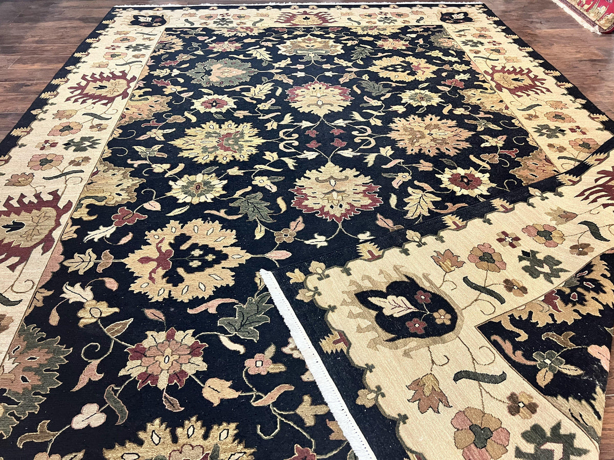 Indo Persian Rug 10x14, Wool Handmade Room Sized Floral Oriental Carpet, Indian Mahal Flatweave Rug, Black Beige - Jewel Rugs, view 12