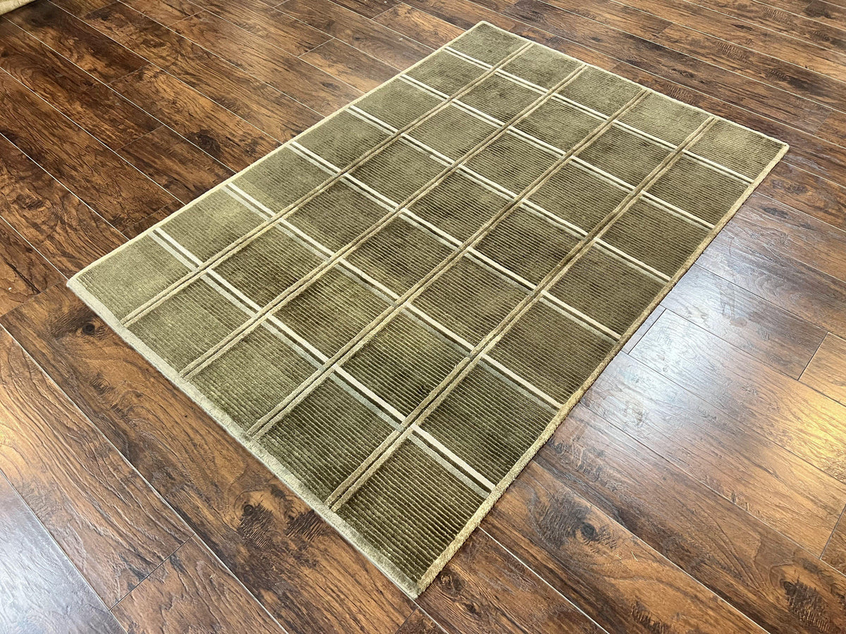 Tibetan Rug 4x6, Green Wool Handmade Area Rug 4 x 6, Panel Design, Modern Contemporary - Jewel Rugs, view 3