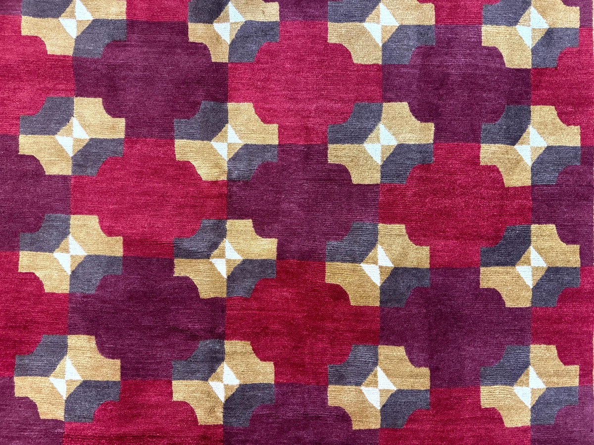 Modern Tibetan Rug 5 x 6.8, Wool, Red, Allover Pattern, Nepali Rug, Abstract Rug, Handmade Area Rug - Jewel Rugs, view 10