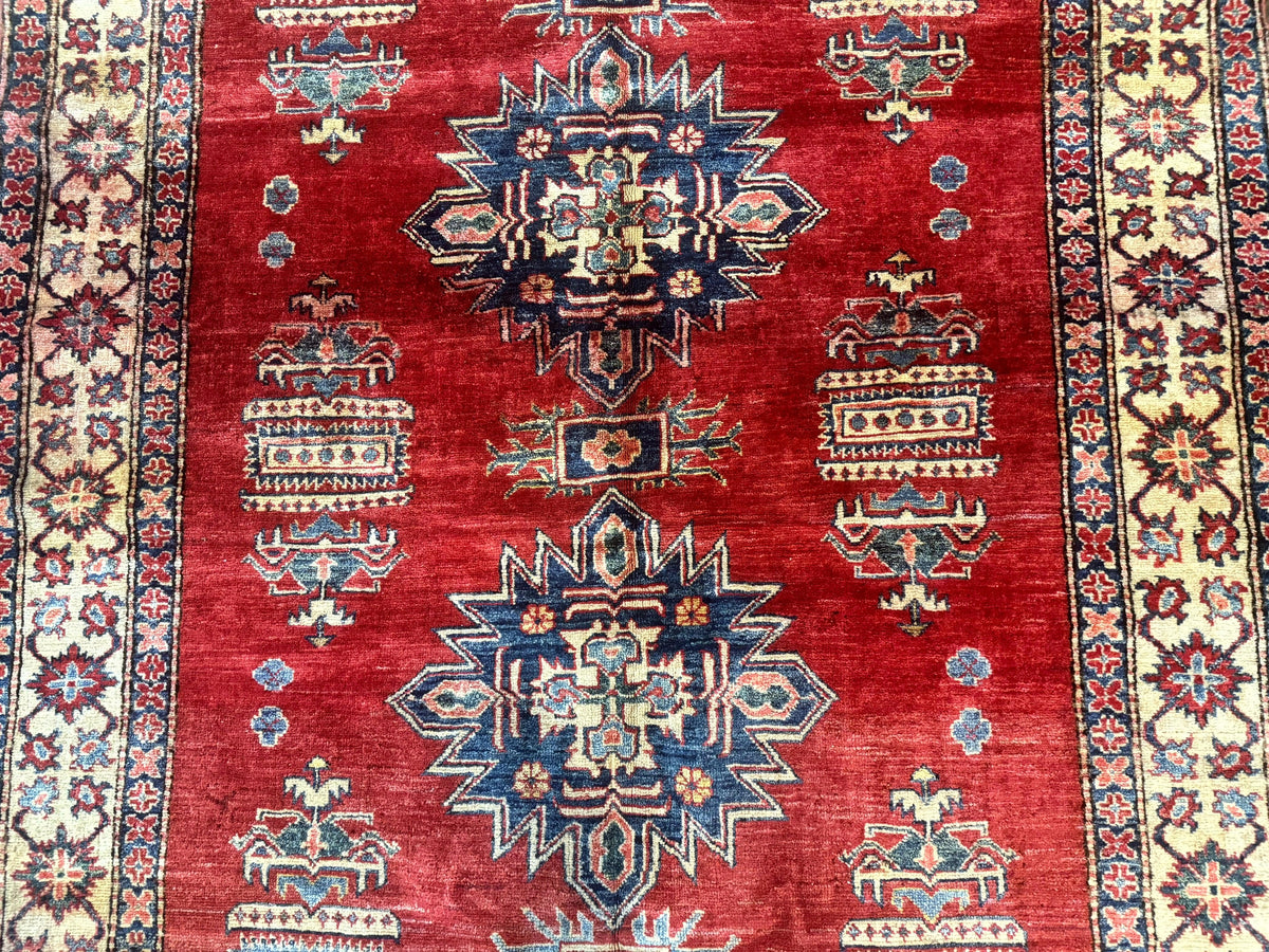 Square Turkish Rug 6x6, Azerbaijani Azeri Turkish Armenian Rug, Red Tan Blue, Geometric, Wool Carpet - Jewel Rugs, view 5