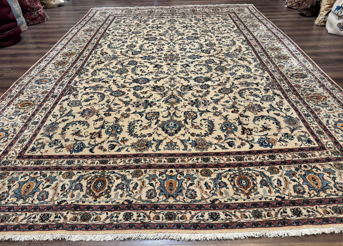 Persian Kashan Rug 10x14, Bone - Beige and Blue, Allover Pattern, Traditional Persian Carpet, Fine 260 KPSI - Jewel Rugs