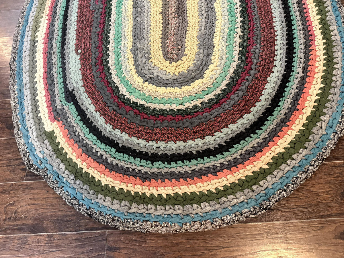 Antique American Braided Rug 5x7, Oval Multicolor Handmade Wool Braided Carpet - Jewel Rugs, view 6