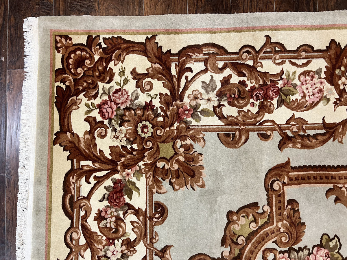 Aubusson Rug 10x13, Cream and Light Mint Green Hand Knotted Handmade French Savonnerie European Carpet, Wool Pile, Large Room Sized Vintage - Jewel Rugs, view 7