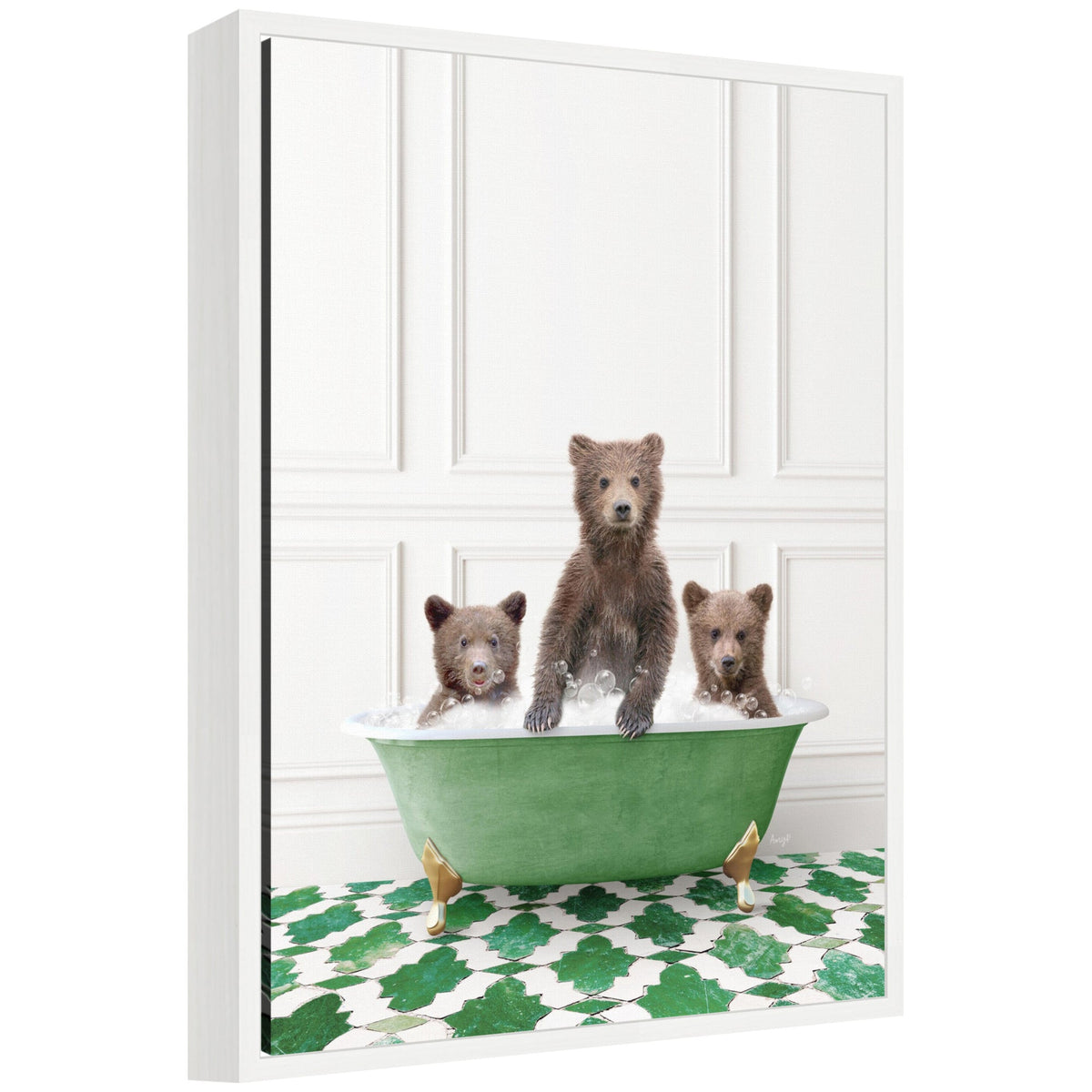 Sylvie Three Bear Cubs in Eclectic Green Panel Wall Bathtub Framed Canvas by Amy Peterson