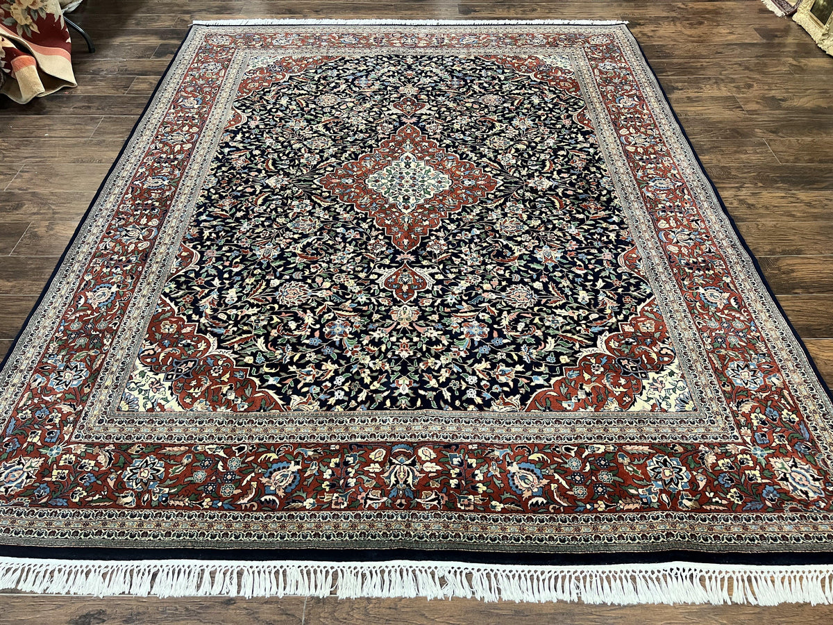 Indo Persian Rug 8x10, Floral Medallion, Vintage Handmade Wool Carpet, Navy Blue and Red, Fine 300 KPSI - Jewel Rugs, view 2