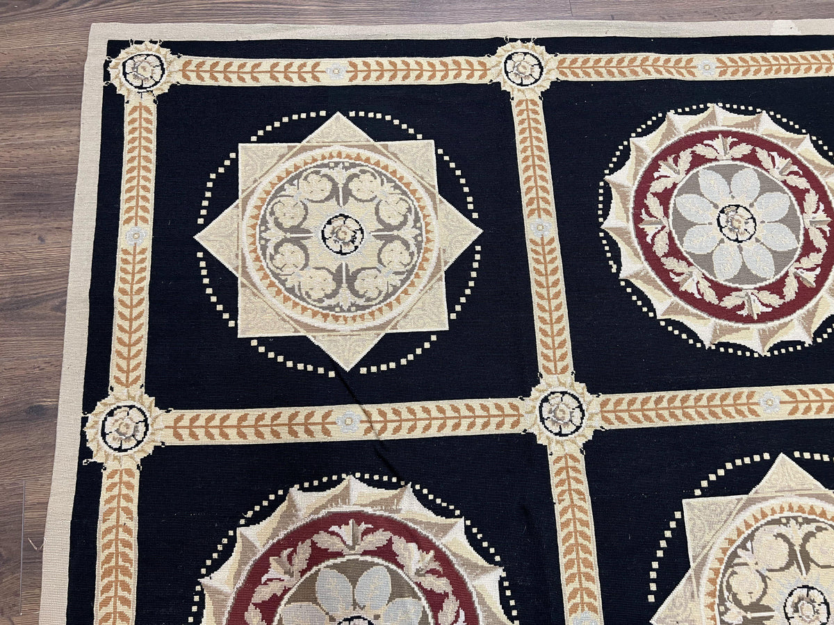 Large Needlepoint Rug 10x13, Panel Design, Black and Beige, Wool Needlepoint Carpet 10 x 13, English Garden, Handwoven Area Rug, Living Room - Jewel Rugs, view 7
