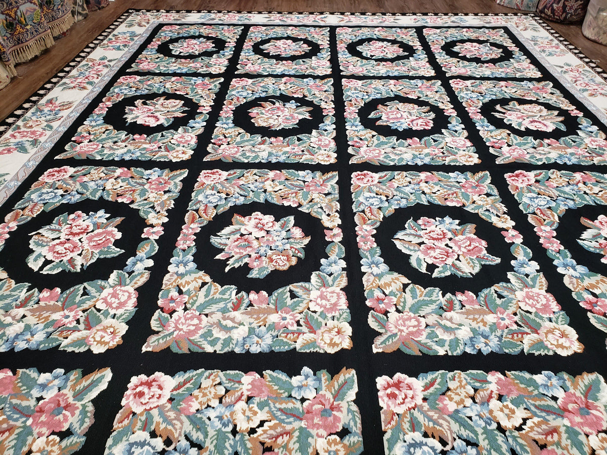 Floral Needlepoint Rug 9.5 x 13.6, Floral Panel Design, Black and Ivory Flatweave Aubusson Carpet, Multicolor - Jewel Rugs, view 5