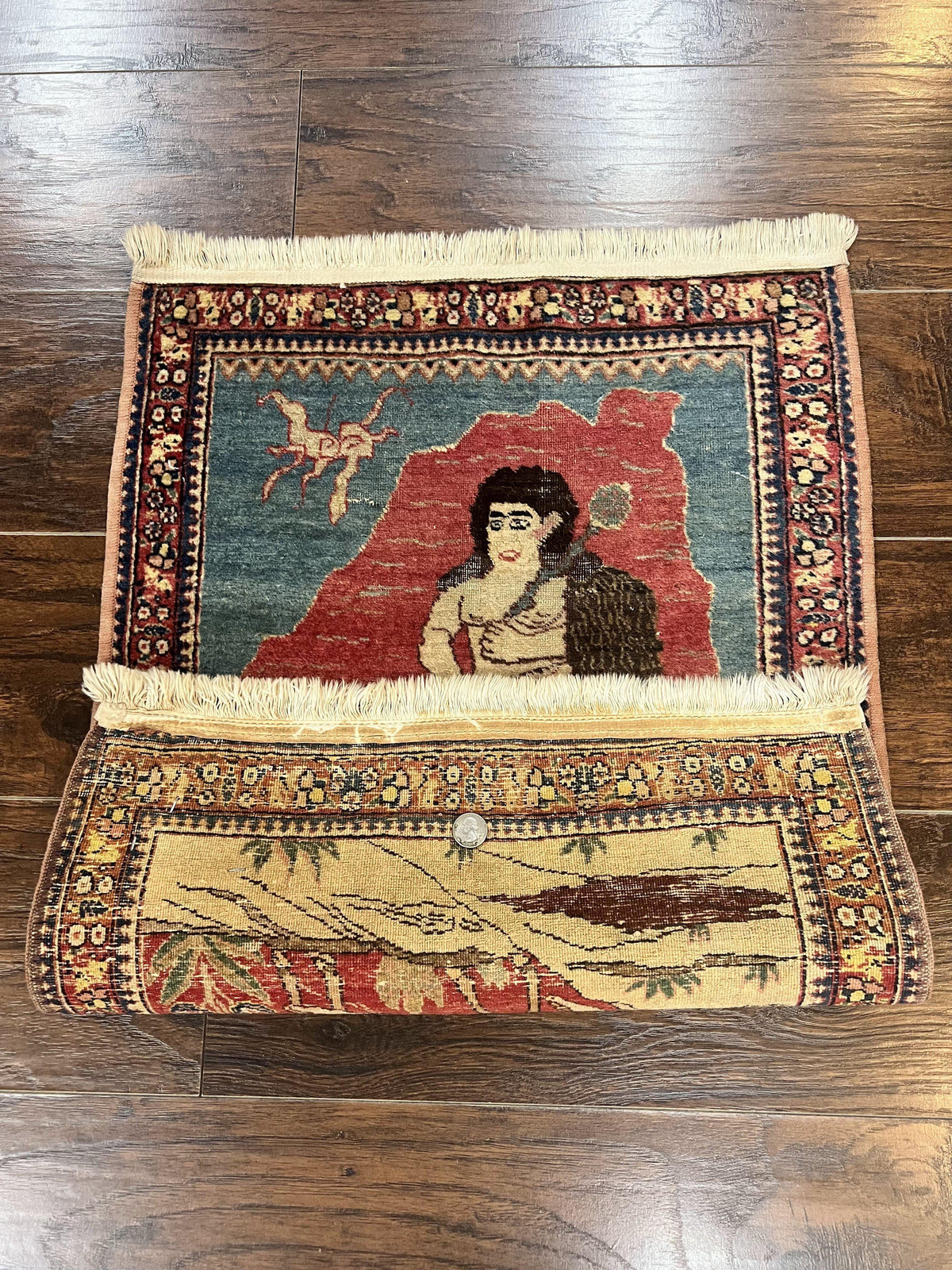 Antique Persian Kirman Rug 2 x 2.5, Small Hand Knotted Wool Carpet, Lavar Rug, Shepherd with Ram Pictorial Rug #1 - Jewel Rugs, view 7