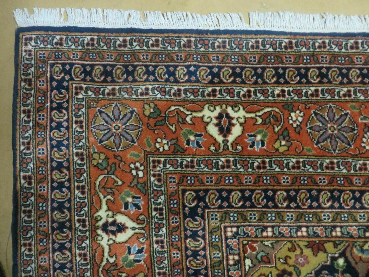 Indo Persian Rug 9x12, Semi Open Field Medallion, Ivory Tomato Red Navy Blue, Hand Knotted Indian Oriental Wool Carpet 9 x 12 ft, Room Sized - Jewel Rugs, view 7
