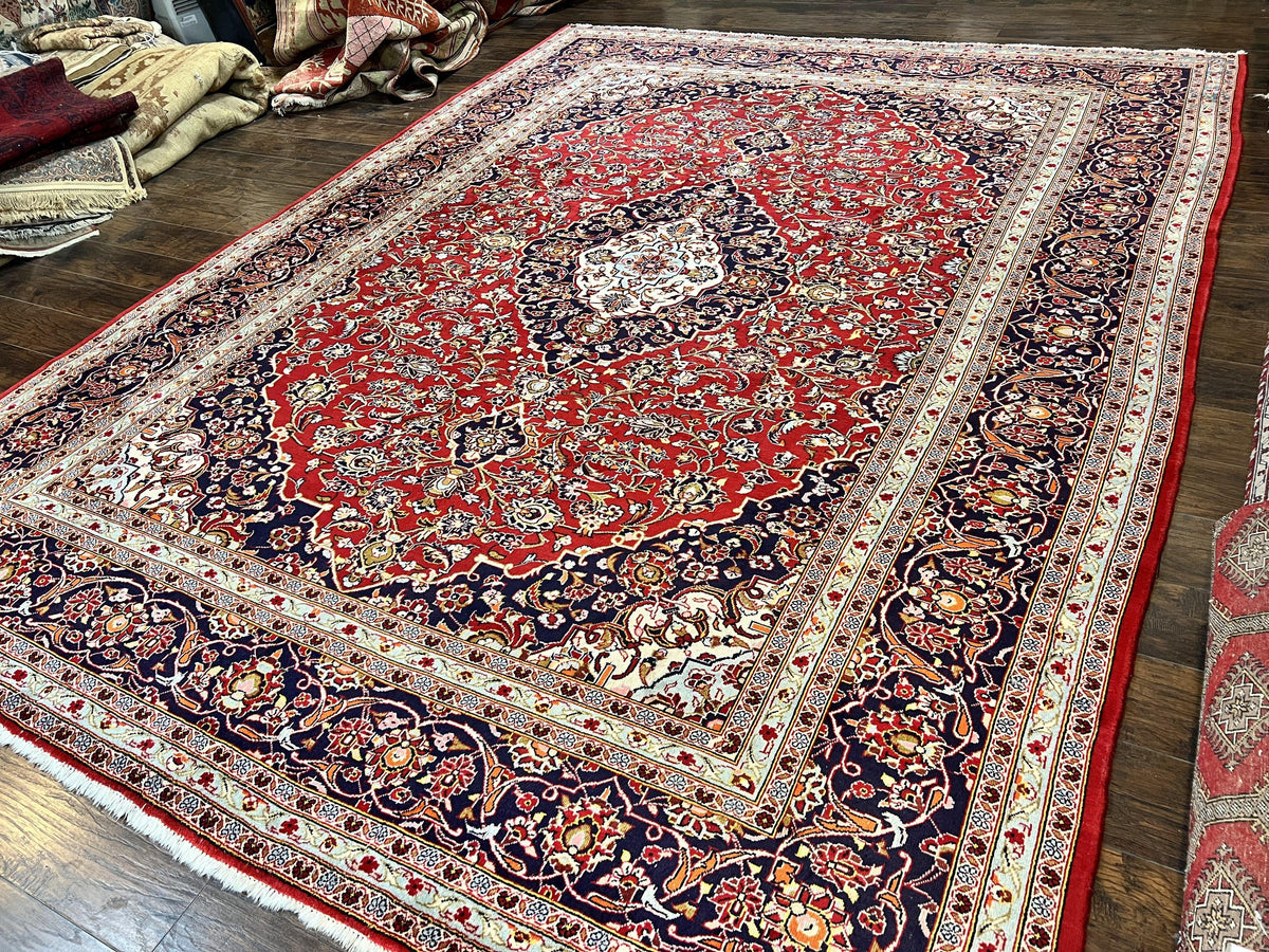 Persian Kashan Rug 10x13, Floral Medallion, Traditional Area Rug, Red Navy Blue Ivory, Handmade Semi Antique Vintage Wool Oriental Carpet 10 x 13 - Jewel Rugs, view 2