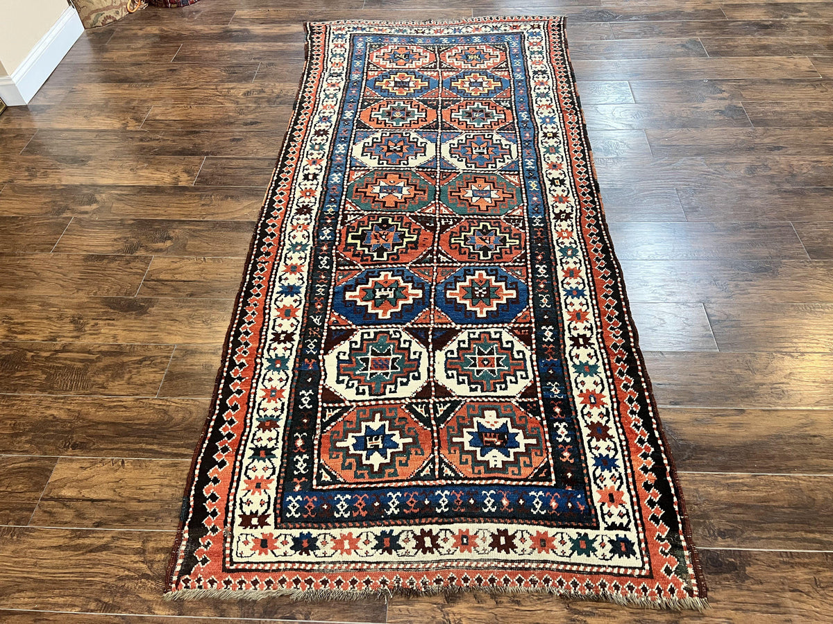 Antique Caucasian Kazak Runner Rug 4 x 9.5, Handmade Wool Rug for Hallway, Rare Colorful Panel Design Mid 19th Century 1870s Oriental Carpet - Jewel Rugs, view 13