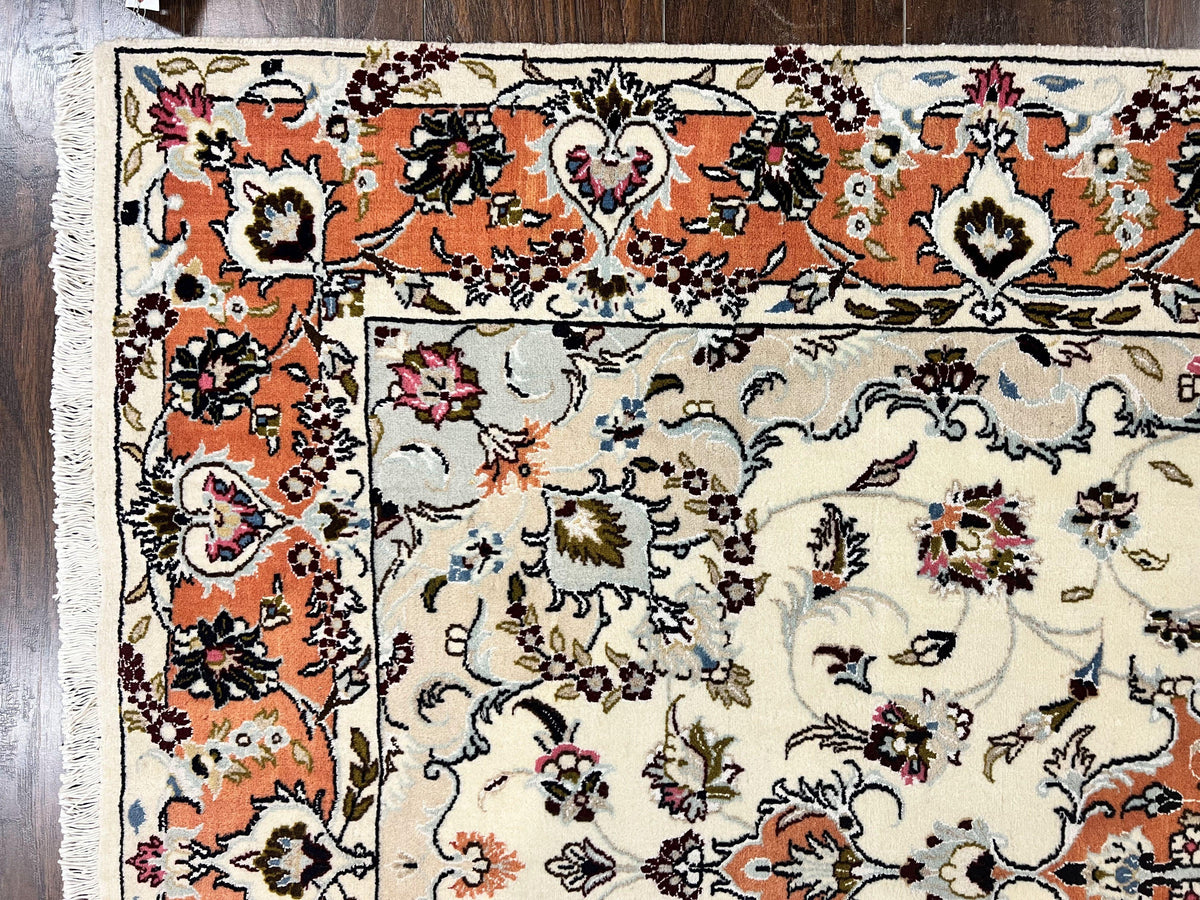 Persian Tabriz Rug 4.5 x 6.8, Finely Hand Knotted Wool with Silk Highlights Vintage Oriental Carpet, Cream and Salmon, High KPSI, Floral Medallion - Jewel Rugs, view 7