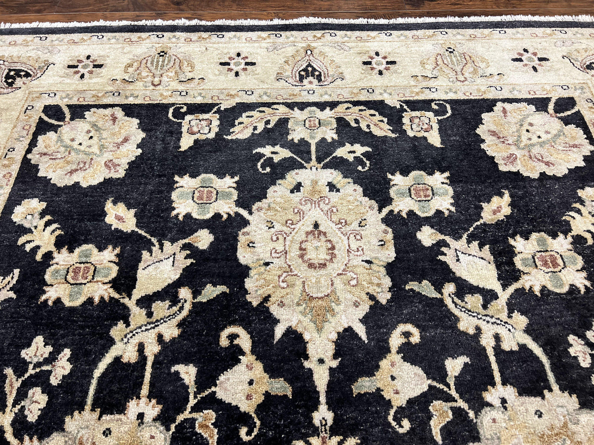 Indo Mahal Rug 8x10, Black and Beige, Vintage Rug 8 x 10 ft, Floral, Handmade Wool Carpet - Jewel Rugs, view 4