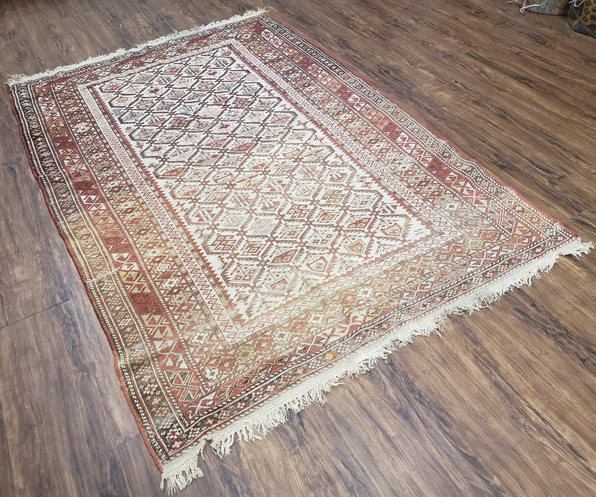 Antique Caucasian Shirvan Rug 4x6, Dagestan Area Rug, Wool Hand-Knotted Soft Red & Ivory 1920s Oriental Carpet, Soft Muted Colors - Jewel Rugs, view 12