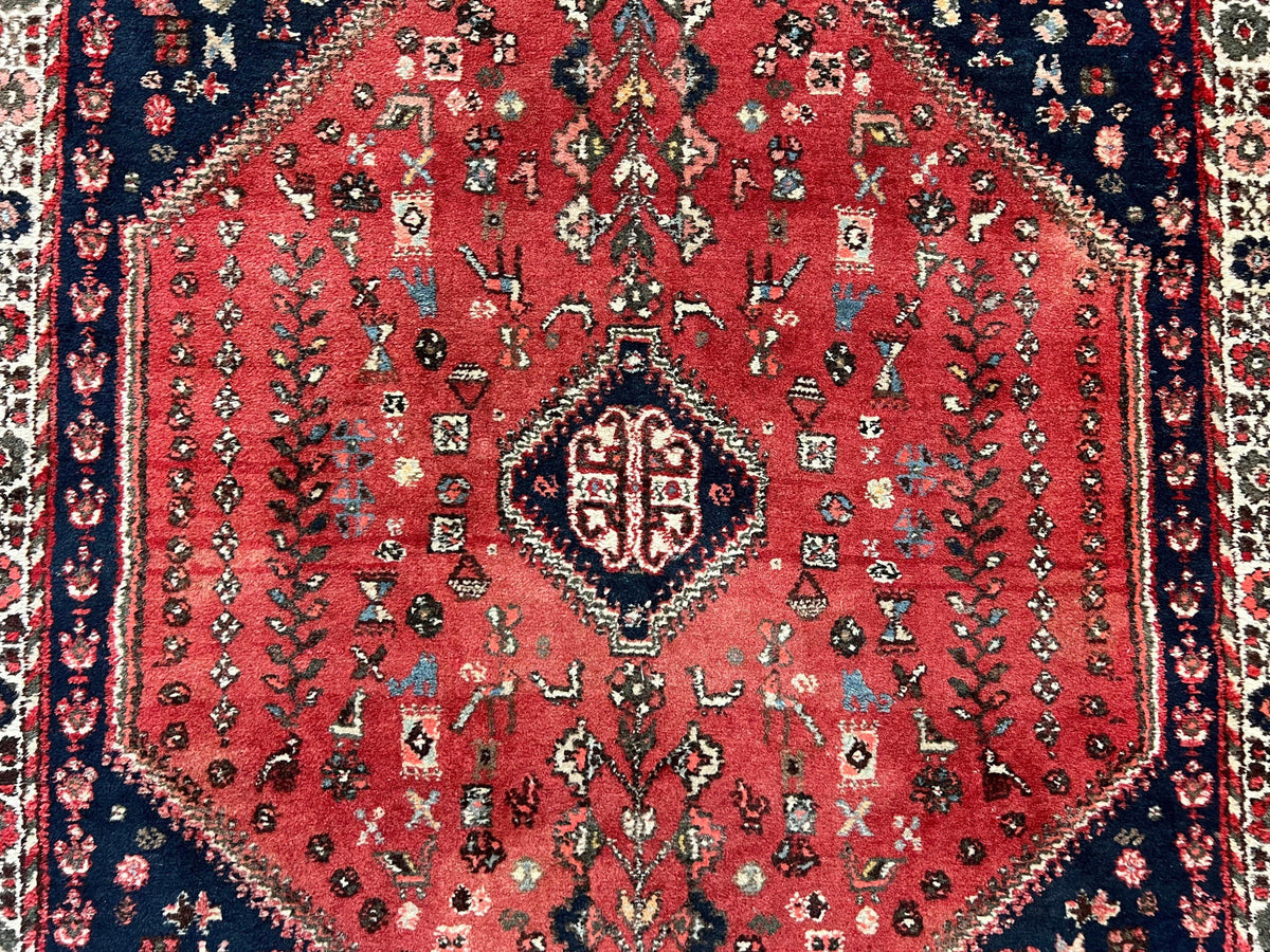 Persian Tribal Rug 3.6 x 5 ft, Persian Abadeh Rug, Geometric Medallion Bird Motifs, Red and Navy Blue Hand Knotted Handmade Wool Vintage Oriental Carpet - Jewel Rugs, view 6