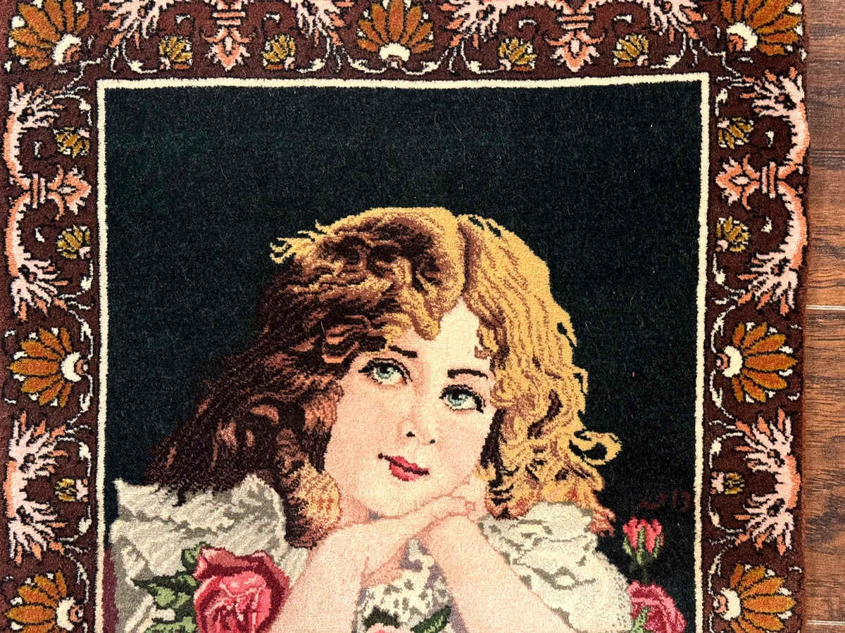 Small Persian Tabriz Pictorial Rug of Young Girl, Very Fine 380 KPSI, Portrait of Young Lady with Roses, Handmade, Persian Rug for Wall Hanging - Jewel Rugs, view 8