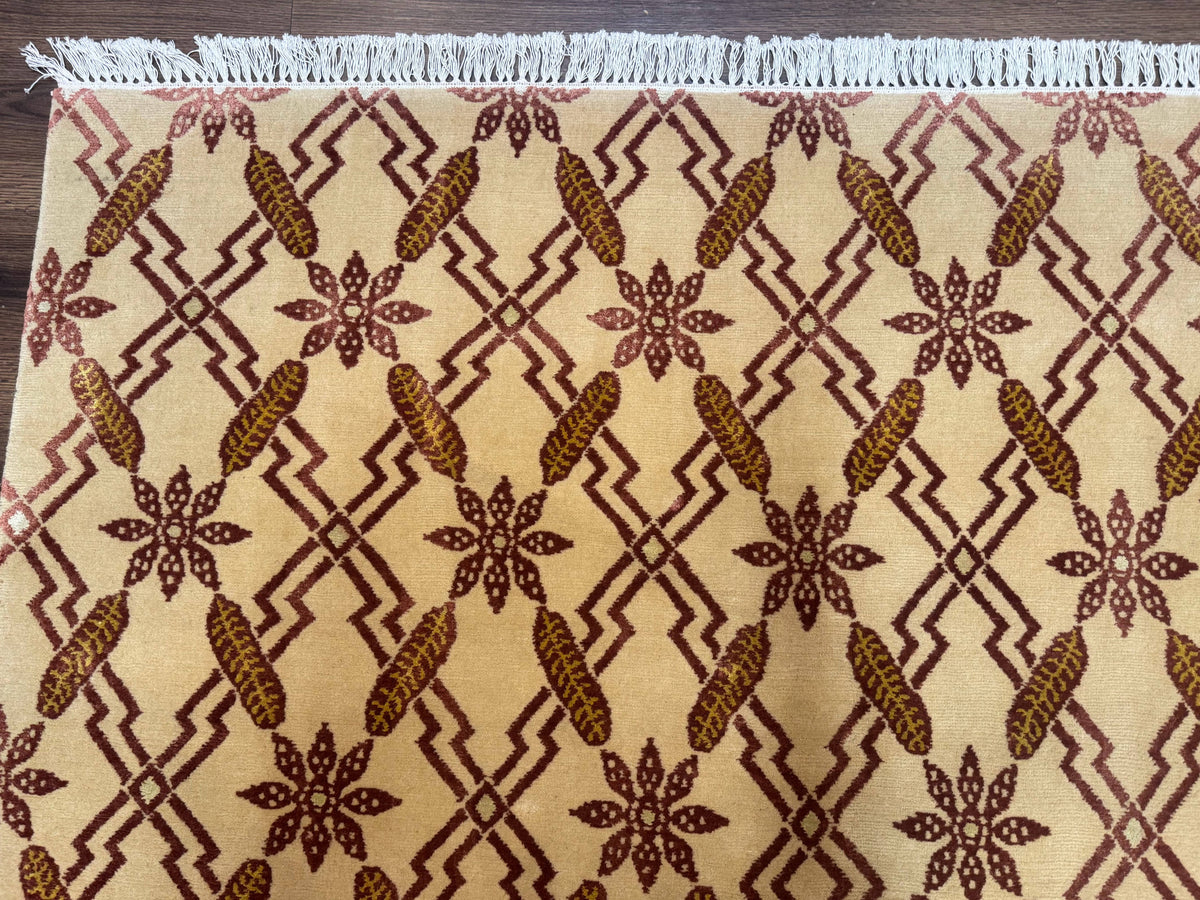 Tibetan Rug 8x10, Wool with Silk Highlights, Beige and Maroon, Contemporary Carpet - Jewel Rugs, view 7