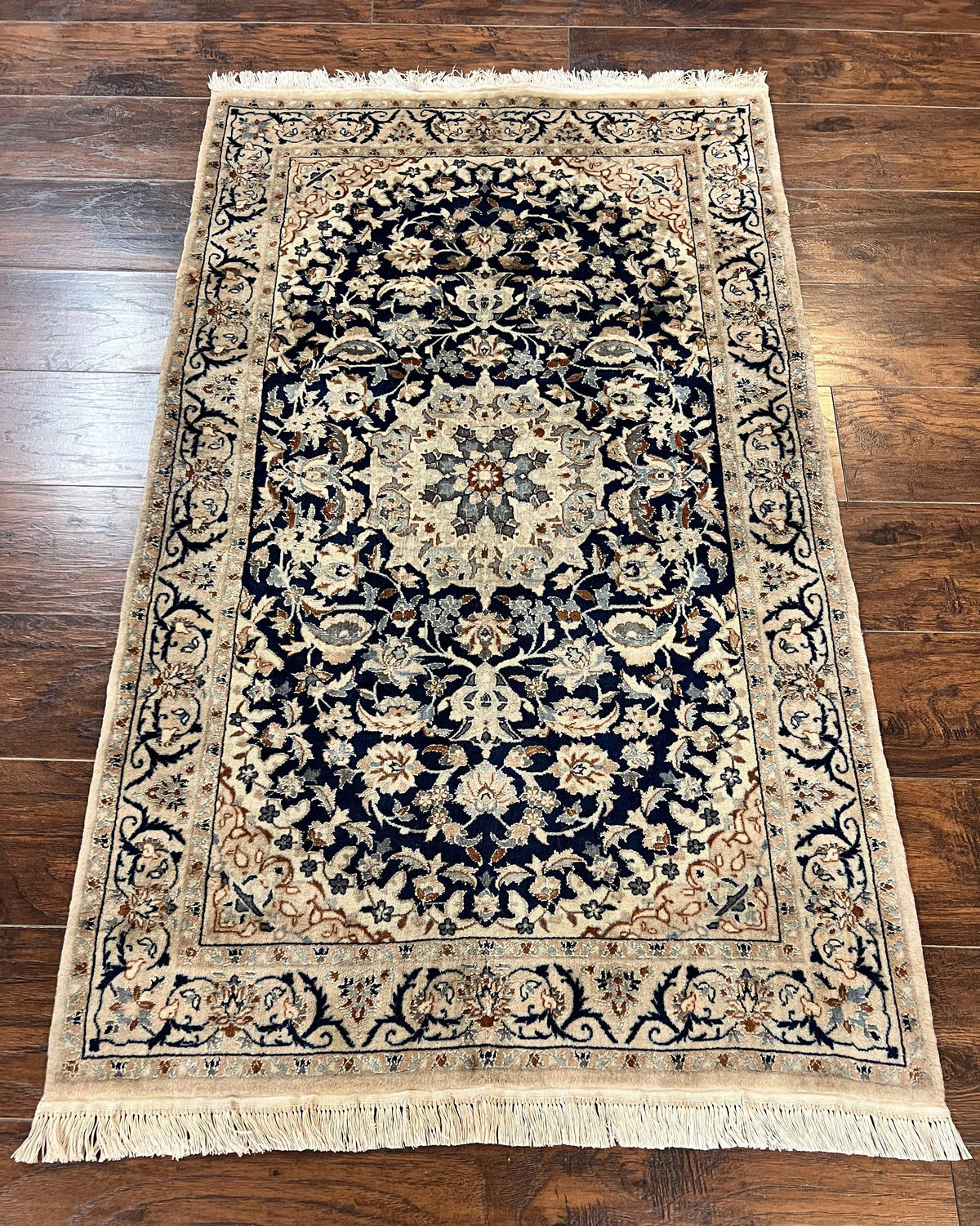 Persian Nain Rug 3x5, Floral Medallion Oriental Carpet, Very Fine Hand Knotted Handmade Wool and Silk Highlights Rug, Vintage Semi Antique - Jewel Rugs, view 2
