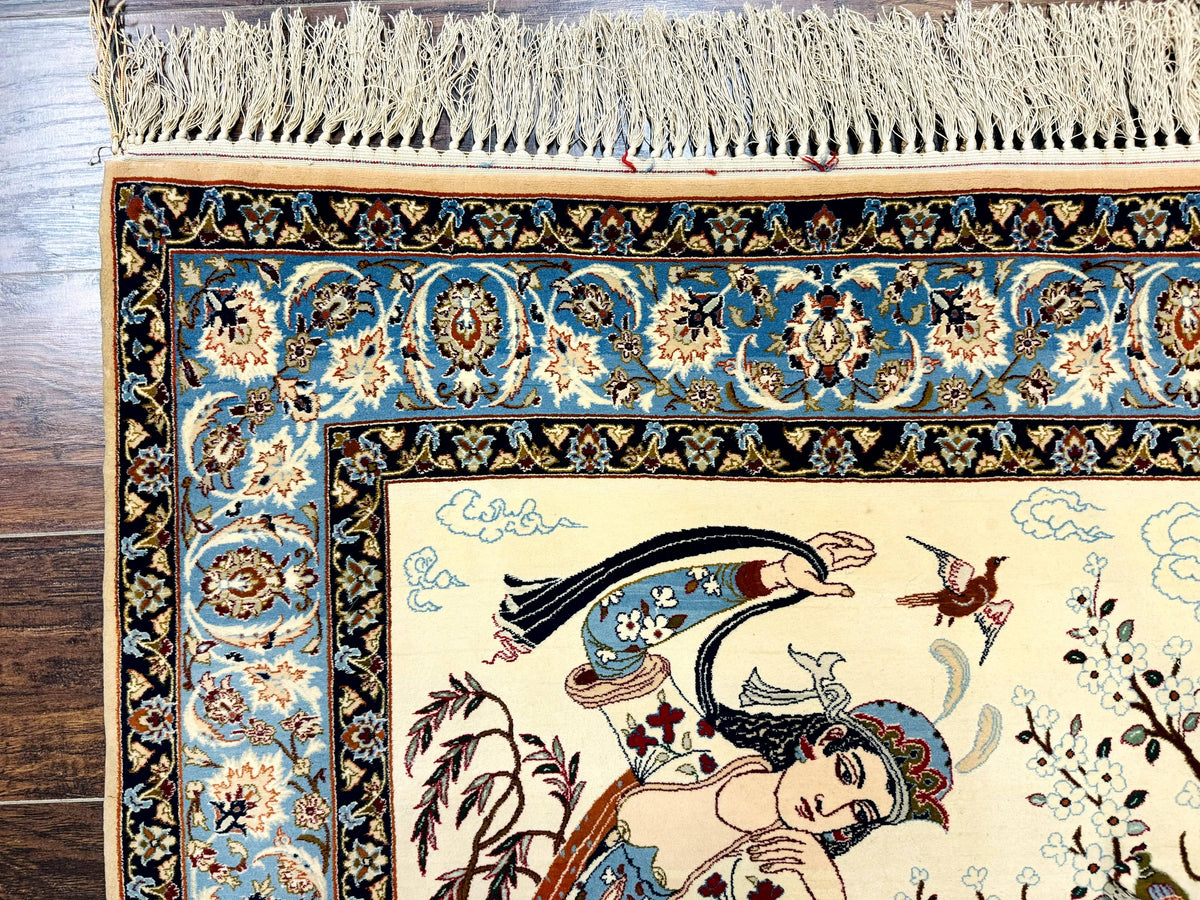 Persian Isfahan Pictorial Rug, Two Lovers, Kork Wool on Silk Foundation, Ivory and Light Blue, 500 KPSI Super Fine - Jewel Rugs, view 7