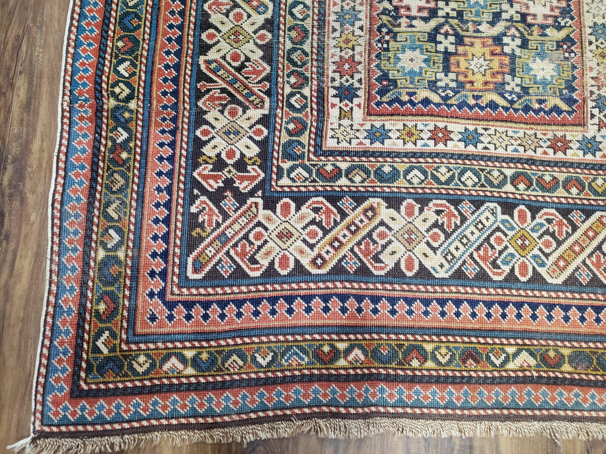 Caucasian Rug 3'9" x 5'7", Antique 1920s Collectible Caucasian Chi Chi Carpet, Hand Knotted, Colorful, Dark Blue Cream Red, Wool, Small Rug - Jewel Rugs, view 9