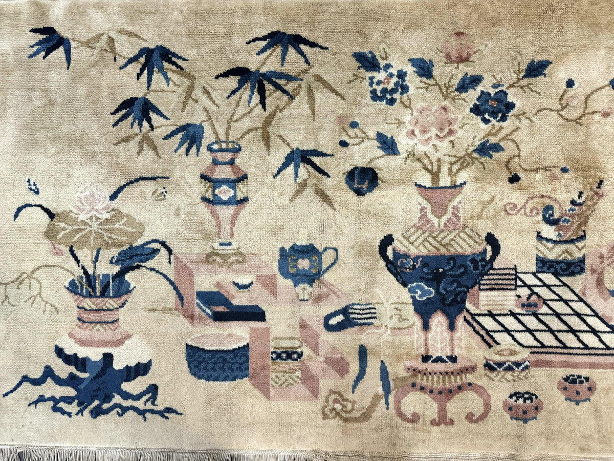 Chinese Rug 5x3, Horizontal Rug, Vases Flowers, Handmade Antique Vintage Carpet, Peking Rug, Chinese Wool Rug - Jewel Rugs, view 4