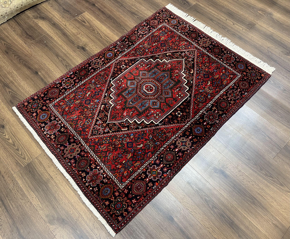 Fine Persian Bidjar Rug 3x5 ft, Ruby Red and Black, Geometric Medallion, Hand Knotted Semi Antique Oriental Bijar Carpet, Wool Area Rug, Tribal Rug - Jewel Rugs, view 3