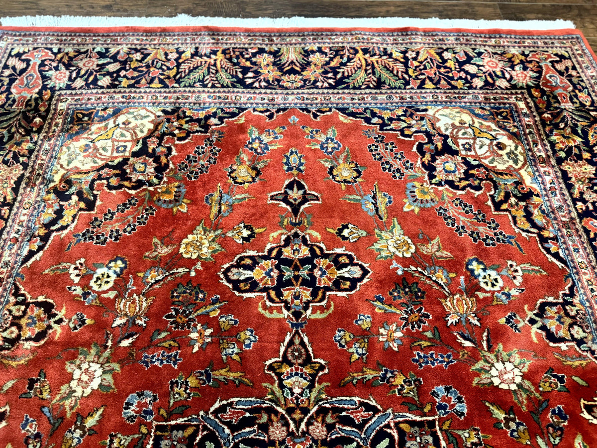 Indo Persian Rug 7x10, Vintage Handmade Wool Carpet, Floral Medallion Traditional Rug, Red and Midnight Blue - Jewel Rugs, view 4