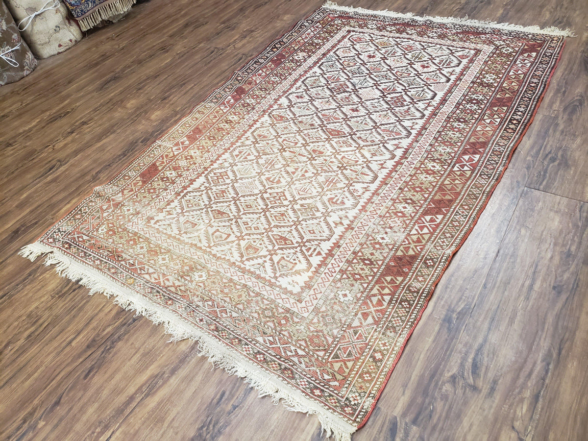 Antique Caucasian Shirvan Rug 4x6, Dagestan Area Rug, Wool Hand-Knotted Soft Red & Ivory 1920s Oriental Carpet, Soft Muted Colors - Jewel Rugs, view 3