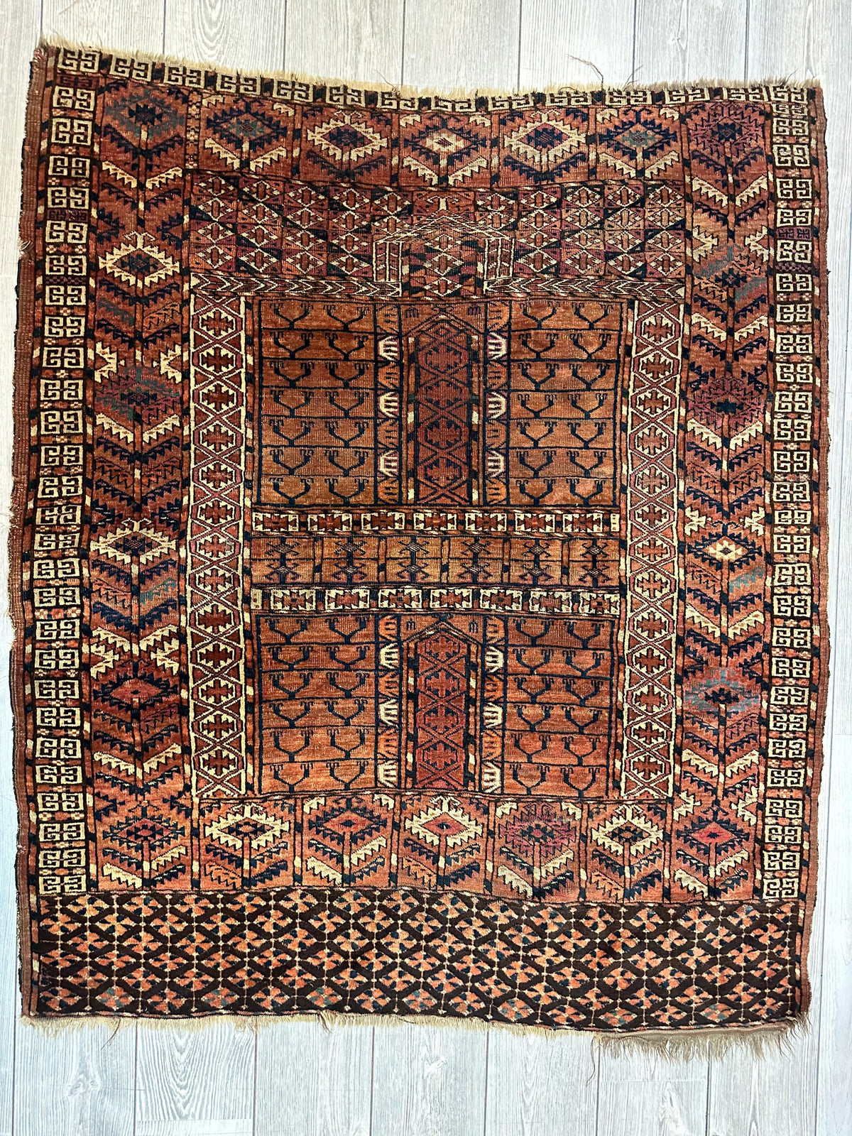 Antique Tekke Rug 4x5 | Rust, Brown & Ivory | Hand-Knotted Wool - Rugistan