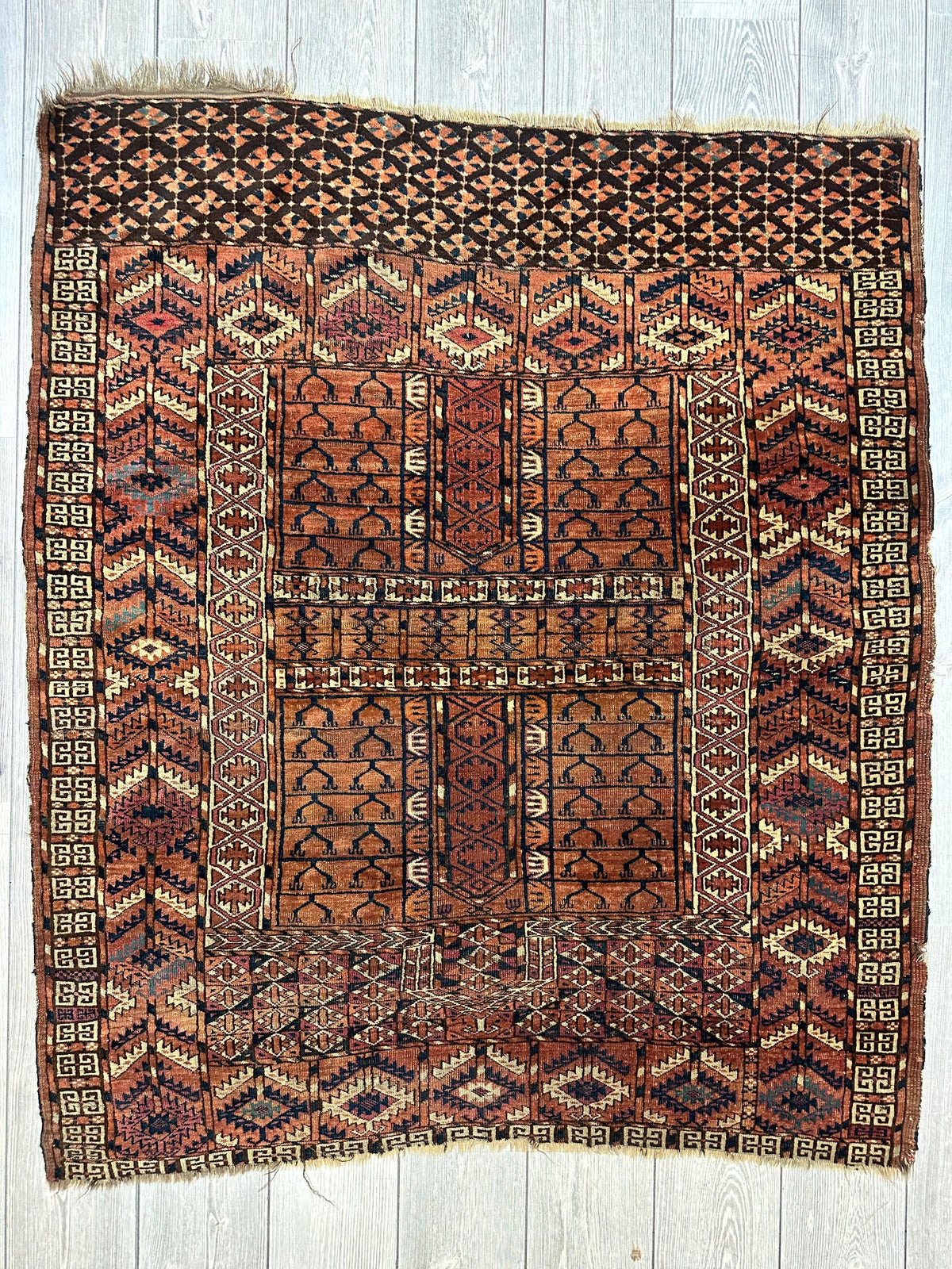 Antique Tekke Rug 4x5 | Rust, Brown & Ivory | Hand-Knotted Wool - Rugistan, view 3