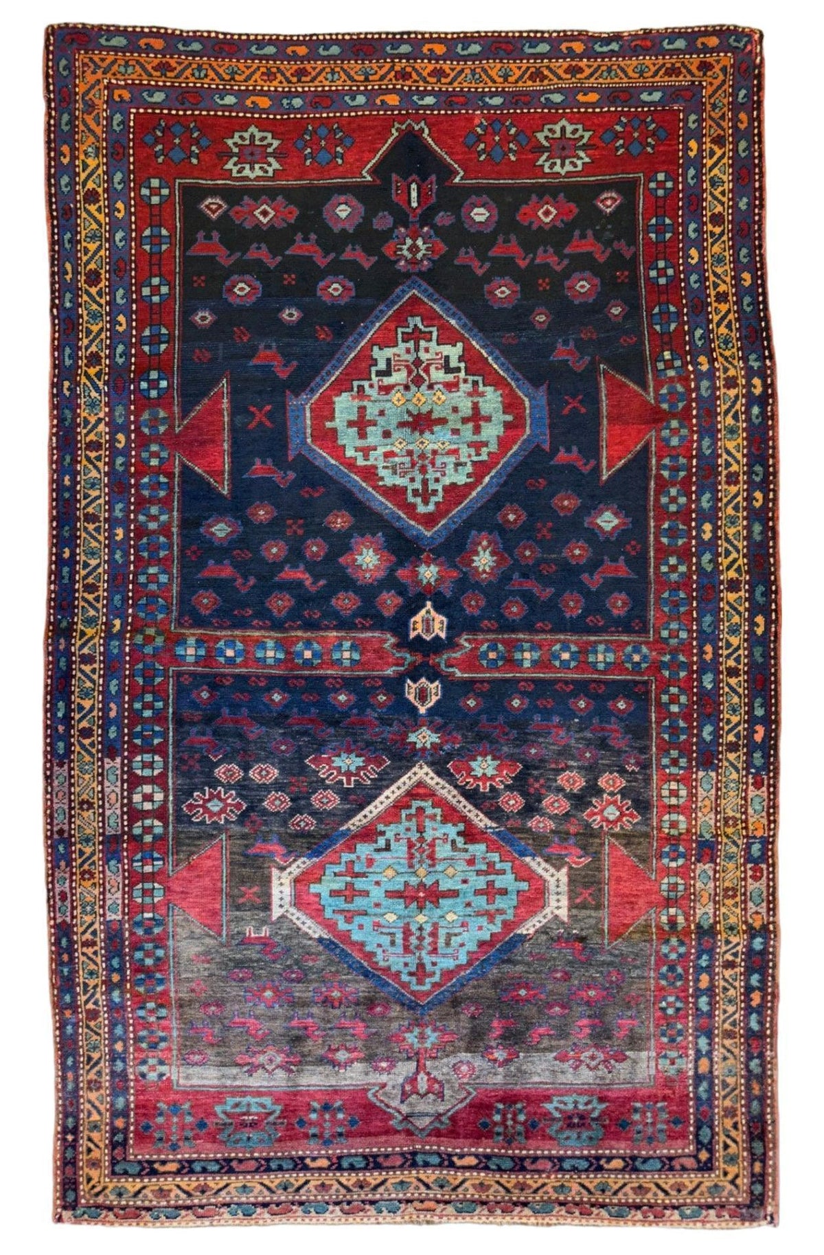 Antique Caucasian Kazak Rug 5x8 | Navy, Red & Light Blue | Hand-Knotted Wool - Rugistan