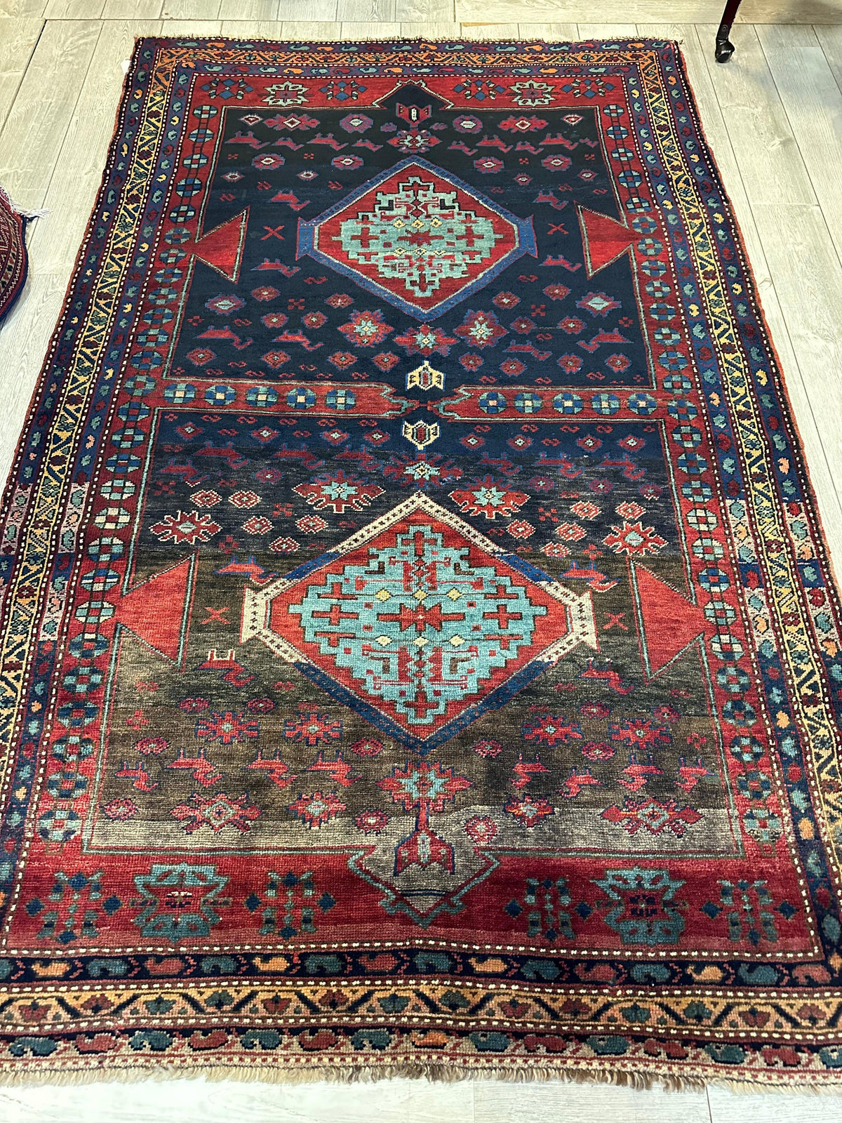 Antique Caucasian Kazak Rug 5x8 | Navy, Red & Light Blue | Hand-Knotted Wool - Rugistan, view 12
