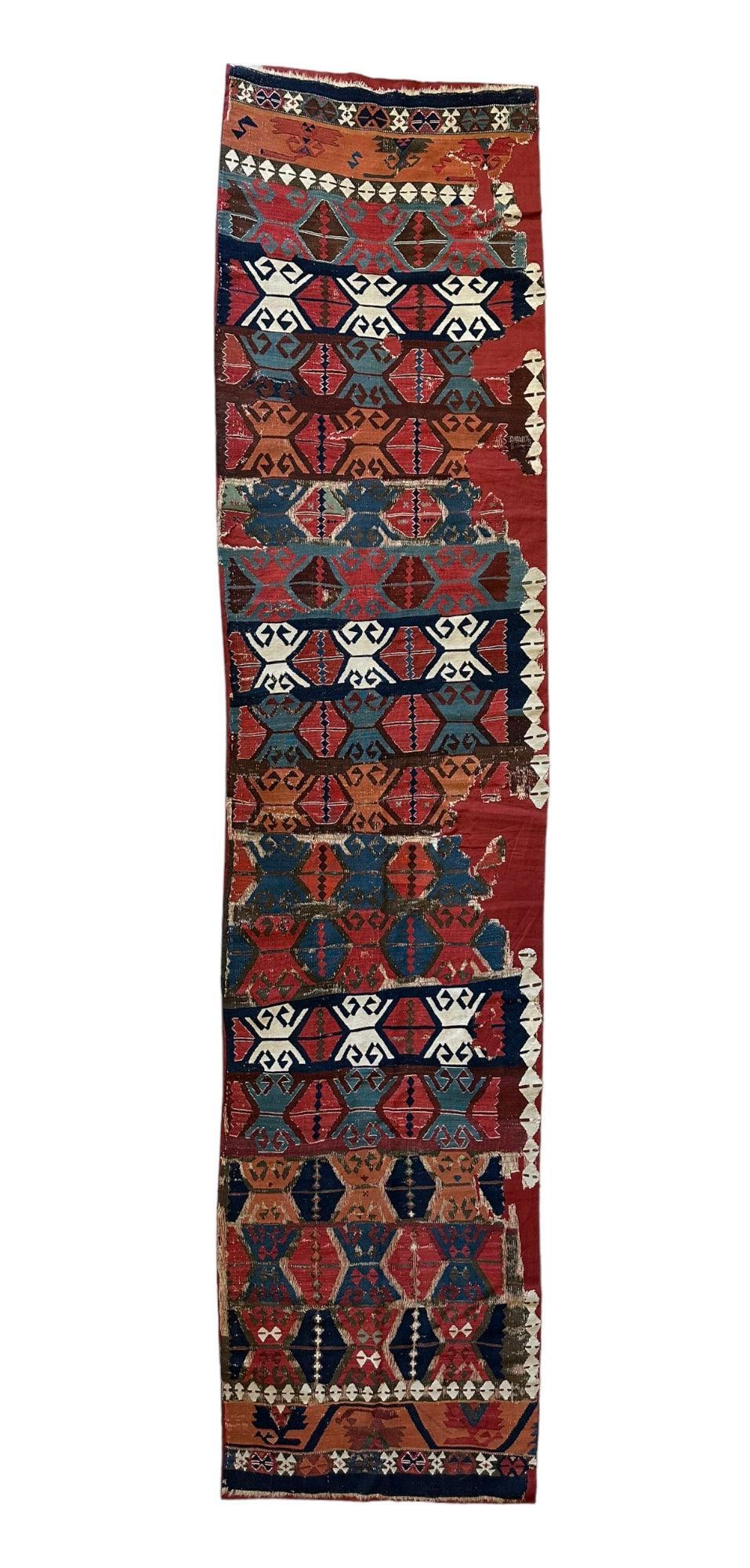 Antique Turkish Kilim Runner 2x11 | Red, Navy & Blue | Hand-Woven Wool Flatweave - Rugistan